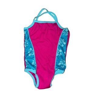 Unbranded Girls One Piece Swimsuit Pink Blue‎ Hibiscus Floral Size 2-4 Years